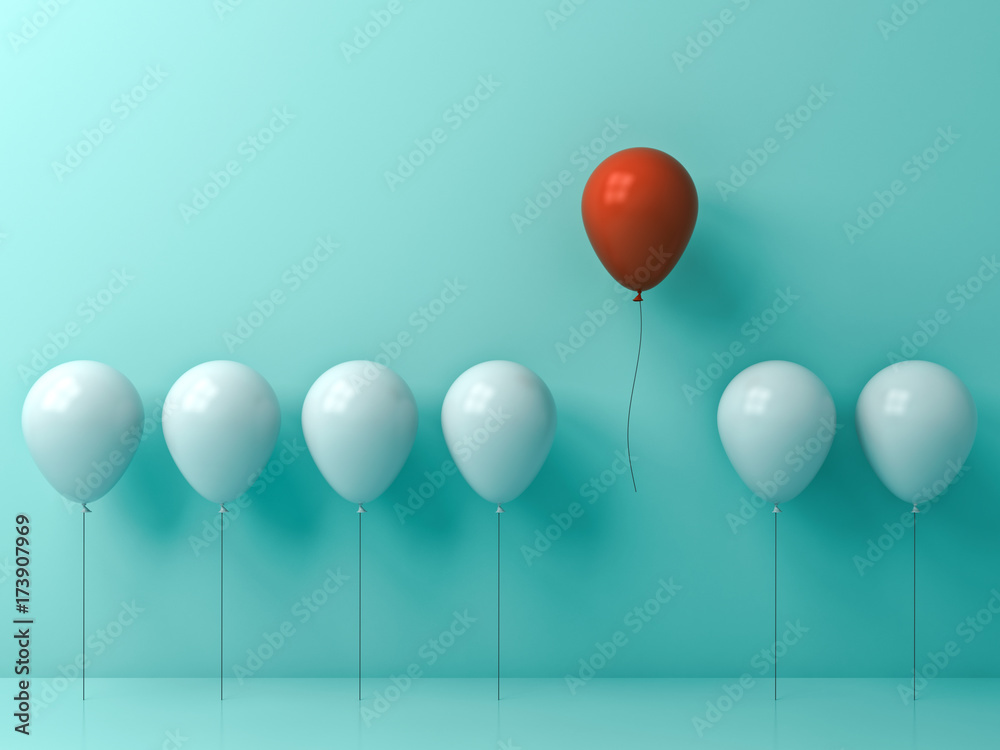 Leinwandbilder stand out from the crowd and different concept , one red balloon flying away from other white balloo