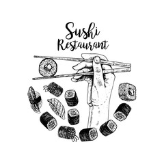 Hand drawn logo desing with sushi. Vector sketch