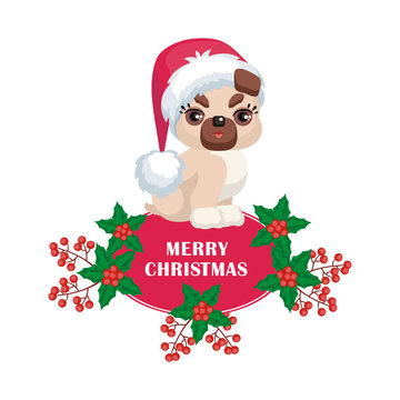 Vector image of a cute purebred dogs in cartoon style. Children's Christmas illustration.