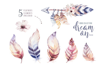 Hand drawn watercolor paintings vibrant feather set. Boho style wings. illustration isolated on white. Bird fly design for T-shirt, invitation, wedding card. Rustic bohemian