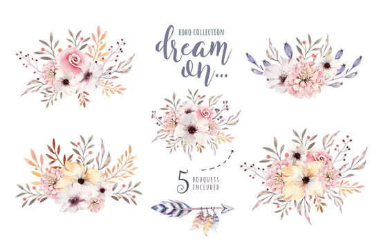 Set of watercolor boho floral bouquets. Watercolour bohemian natural frame: leaves, feathers, flowers, Isolated on white background. Artistic decoration illustration.