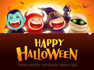 Fototapeta premium Happy Halloween Party. Group of kids in halloween costume with big signboard. In the moonlight.