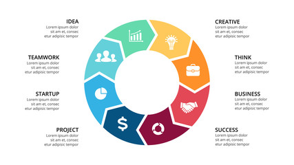 Vector circle arrows infographic, cycle diagram, geometric graph, presentation chart. Business concept with 8 options, parts, steps, processes. 16x9 slide template.