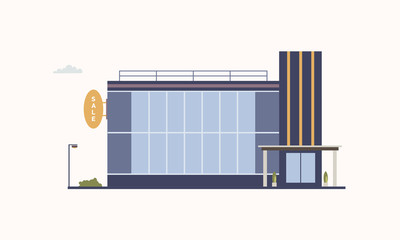 City building of trade center or shopping mall with large panoramic windows and glass entrance door built in modern architectural style. Outlet store or discount shop. Colorful vector illustration.