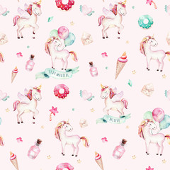 Isolated cute watercolor unicorn pattern. Nursery rainbow unicorns aquarelle. Princess unicornscollection. Trendy pink cartoon horse. © kris_art