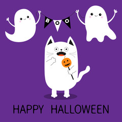 Happy Halloween. Spooky frightened cat holding pumpkin face on stick. Flag garland. Flying ghosts bunting flags Boo. Funny Cute cartoon baby character. Flat design. Violet background.