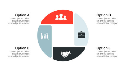 Vector circle arrows infographic, cycle diagram, geometric graph, presentation chart. Business concept with 4 options, parts, steps, processes. 16x9 slide template.