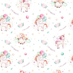 Isolated cute watercolor unicorn pattern. Nursery rainbow unicorns aquarelle. Princess unicornscollection. Trendy pink cartoon horse. © kris_art