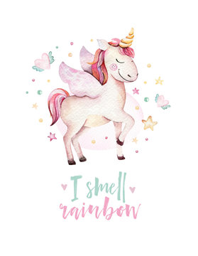 Isolated cute watercolor unicorn kids poster. Nursery unicorns illustration. Princess unicorns drawing. Trendy pink cartoon magic horse.