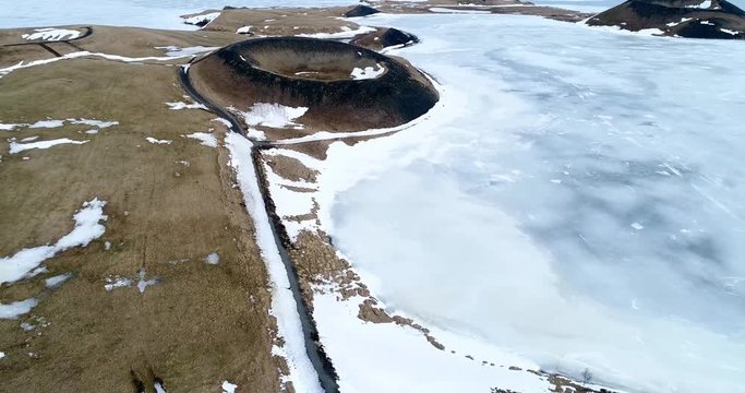Aerial view of pseudocraters near the frozen lake Myvatn - northern Iceland