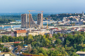 Belgrade, Serbia, September 23, 2017 Belgrade Waterfront construction site, aerial view