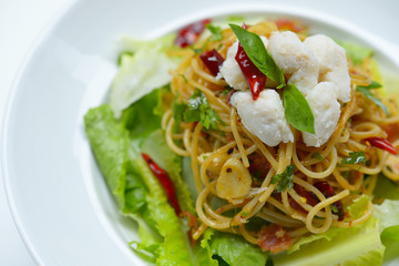 Spaghetti Crab and Bacon Stir Fried Olive Oil