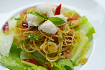 Spaghetti Crab and Bacon Stir Fried Olive Oil