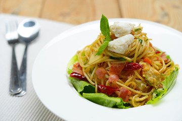 Spaghetti Crab and Bacon Stir Fried Olive Oil