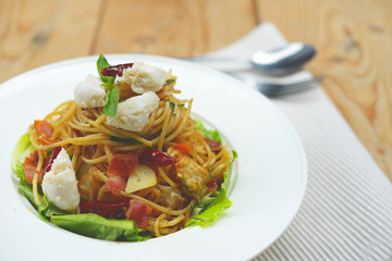 Spaghetti Crab and Bacon Stir Fried Olive Oil