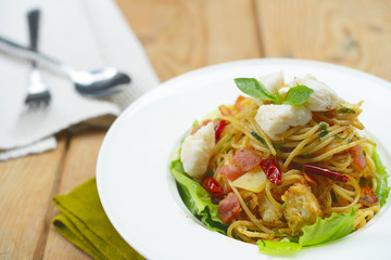 Spaghetti Crab and Bacon Stir Fried Olive Oil