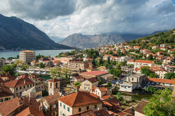 Fototapeta na wymiar Scenic View To Bay Of Kotor A Medieval Town In Montenegro By the Coast Of Adriatic Sea And The Limestone Cliffs Of Mountain Lovcen, With Venetian Fortress