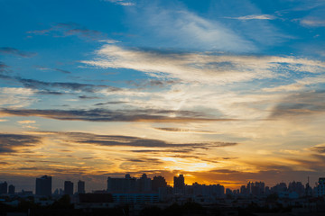 Aerial view of dramatic sunset / sunrise in Bangkok, Thaland.