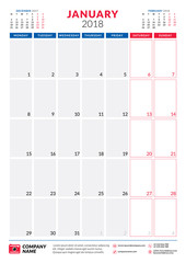 January 2018. Calendar planner design template. Portrait orientation. Week starts on Monday. Stationery design