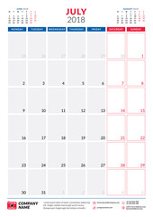 July 2018. Calendar planner design template. Portrait orientation. Week starts on Monday. Stationery design