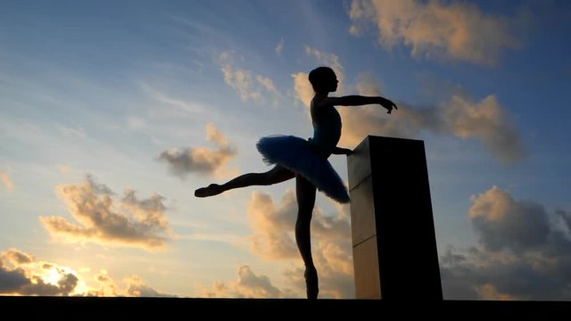 Silhouette of ballerina in ballet tutu and pointe on dramatic sky background. Young beautiful woman practicing stretching and exercises. Girl in static posture. SLOW MOTION. Gimbal shot