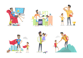 Naklejka premium Father and Child Posters Set. Having Fun Together.