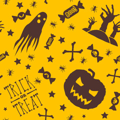 Halloween background. Seamless pattern design. Vector illustration.