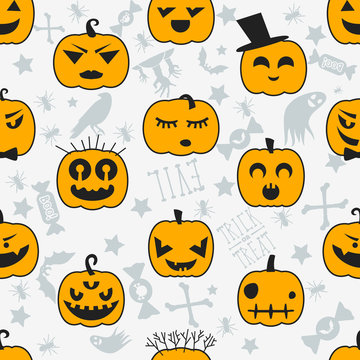 Halloween background with pumpkins. Seamless pattern design. Vector illustration.