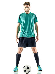 one caucasian soccer player man standing with football isolated on white background