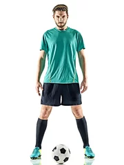 Poster one caucasian soccer player man standing with football isolated on white background © snaptitude