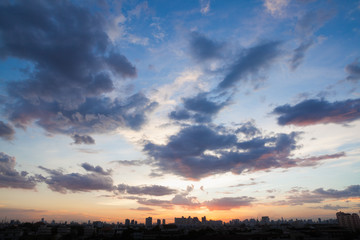 Aerial view of dramatic sunset / sunrise in Bangkok, Thaland.