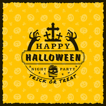 Happy Halloween Badge, sticker, label with seamless yellow background. Design element for greeting card or party flyer. Vector illustration