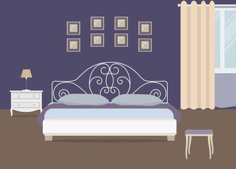 Bedroom in a purple color. There is a bed with pillows, a bedside table, a lamp on a window background in the image. There are also pictures on the wall. Vector flat illustration.