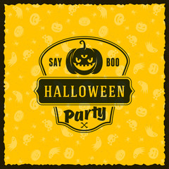 Happy Halloween Badge, sticker, label with seamless yellow background. Design element for greeting card or party flyer. Vector illustration