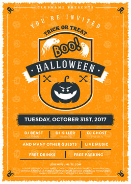 Halloween celebrations. Vintage label on the textured background. Typography poster or flyer template for Halloween party