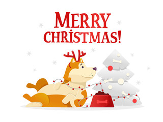 Merry Christmas postcard template with the cute yellow dog lying near the Christmas tree on white background. The dog cartoon character vector illustration.