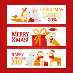Three New Year 2018 and Christmas horizontal banners with yellow dogs symbol and gifts on the white background. Cute dog cartoon characters set vector illustration.
