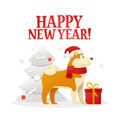 Happy New Year postcard template with the cute yellow dog with the red gift near the Christmas tree on white background. The dog cartoon character vector illustration.