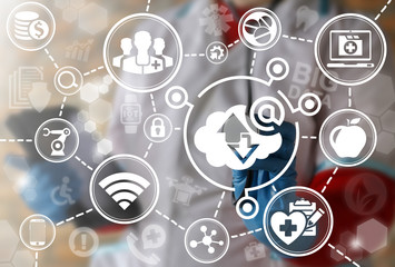 Cloud Mail Marketing Medicine Help Support Internet Service concept. Young doctor using virtual innovative touch interface with cloud arrows up down e-mail icon.