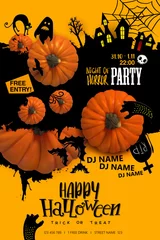 Fototapeten Halloween Paper art Party poster. Cartoon silhouettes on blot background with realistic Pumpkins. Vector illustration. Paper cut holiday design with hand lettering greetings. Retro style © appler