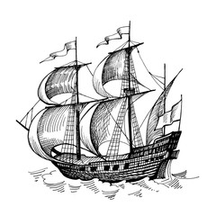 Old caravel, vintage sailboat. Hand drawn sketch.