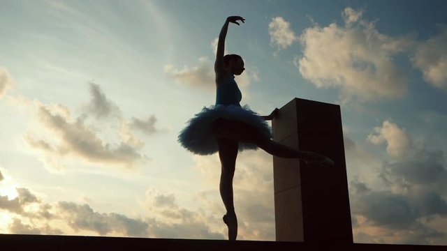 Silhouette of ballerina in ballet tutu and pointe on dramatic sky background. Young beautiful woman practicing stretching and exercises. Girl in static posture. SLOW MOTION. Gimbal shot