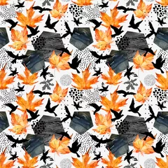 Poster Autumn watercolor background: leaves, bird silhouettes, hexagons. © Tanya Syrytsyna