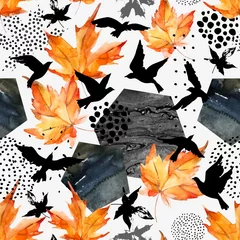 Zelfklevend Fotobehang Autumn watercolor background: leaves, bird silhouettes, hexagons. © Tanya Syrytsyna