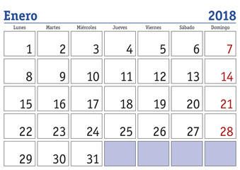 Enero 2018 wall calendar spanish