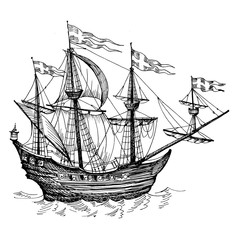Old caravel, vintage sailboat. Hand drawn sketch.