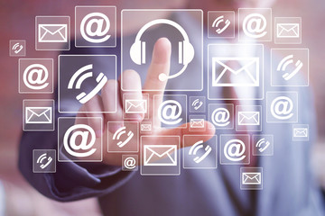Businessman hand press button support service web message in network email