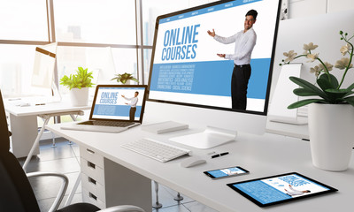 Modern office online courses screen devices.