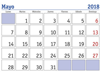 Mayo 2018 wall calendar spanish