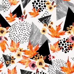 Poster Autumn background: falling leaves, flowers, geometrical elements. © Tanya Syrytsyna